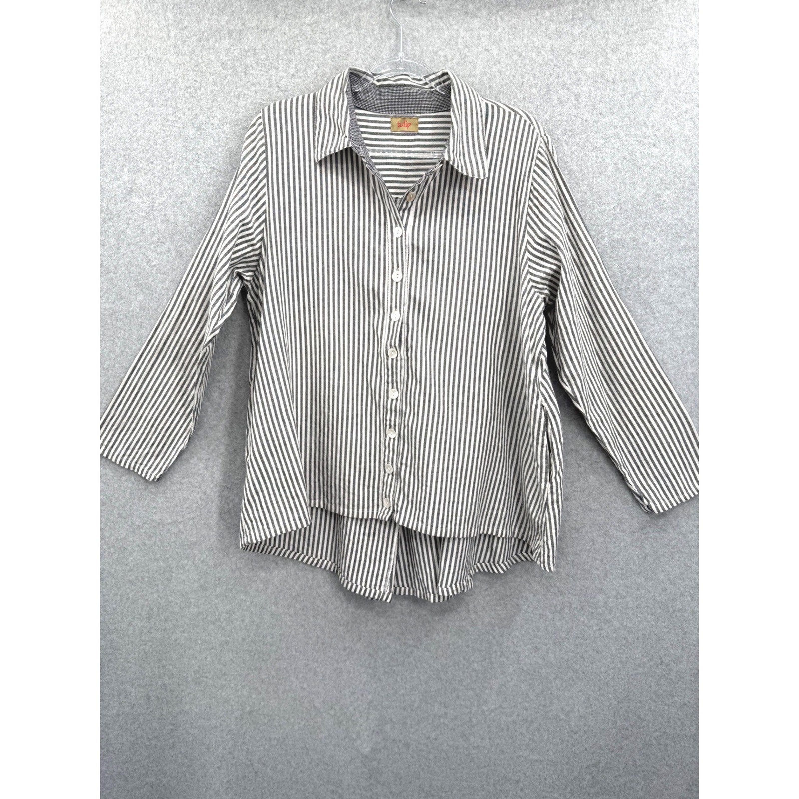 Tulip Button Up Shirt Tunic Medium Gray White Striped Cotton Long Sleeve Pockets